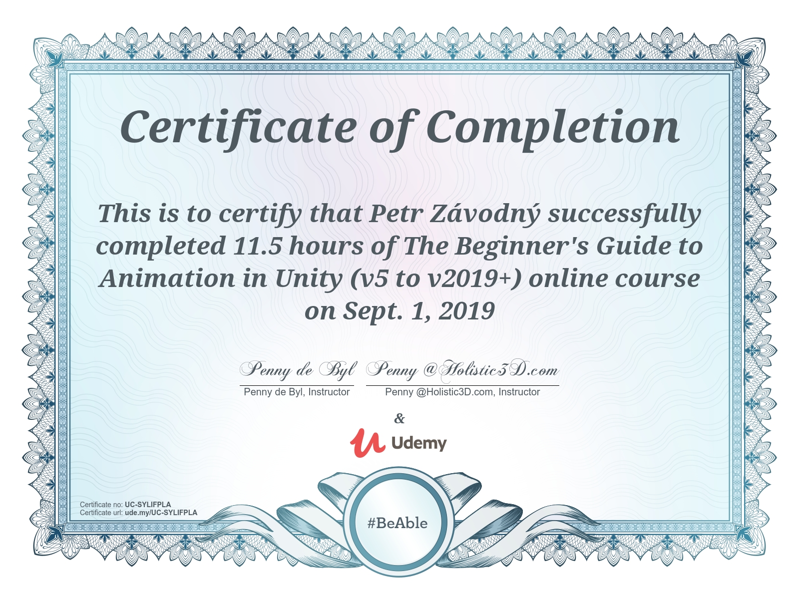 certificate The Beginner's Guide to Animation in Unity